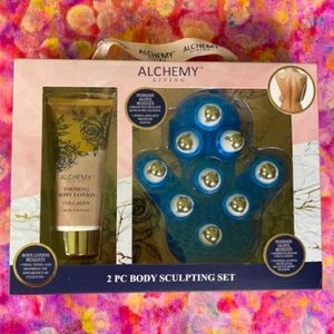 NIB Alchemy Body Sculpting Gift Set (2pc) 360 Message Glove /Body Firming Lotion